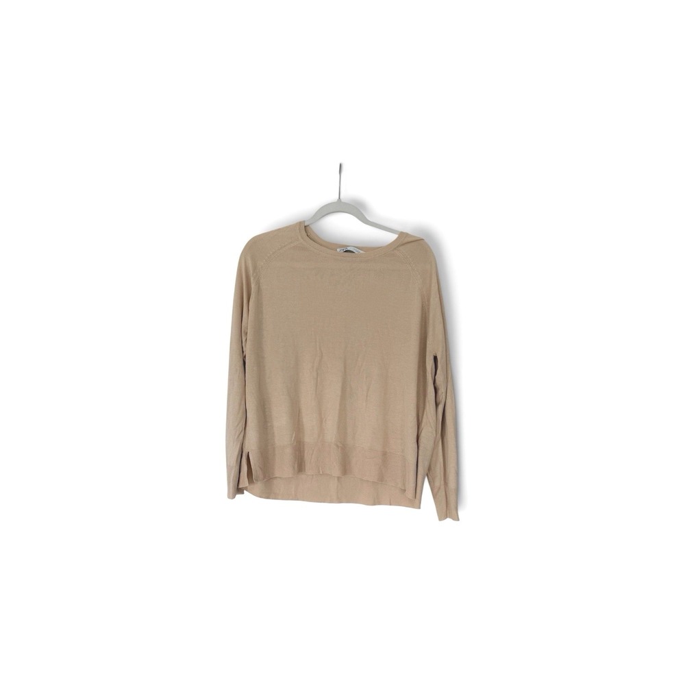 Zara Women Tan Beige Crewneck Raglan Sleeve Knit Sweater Size XL High Low Hem